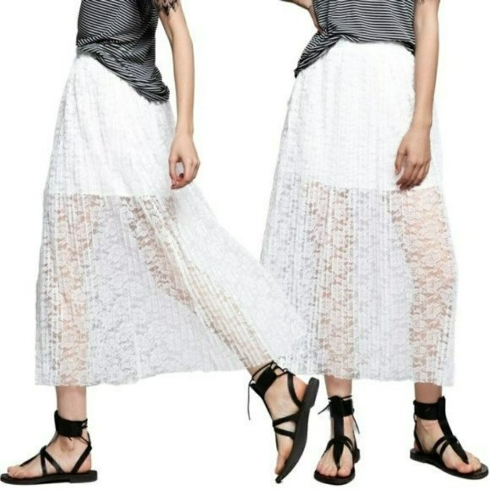 NWT POL Boho Pleated Floral Lace Overlay Midi Skirt